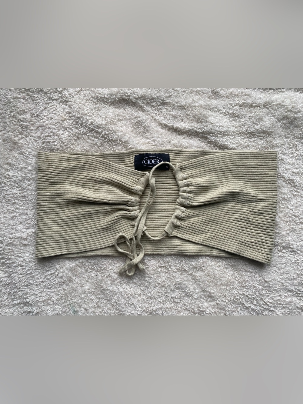 Cider Ribbed Drawstring Crop Top in Sage Beige